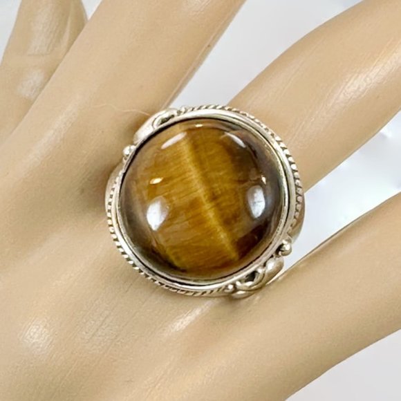 Tiger Eye Ring, Sterling Silver, Tiger's Eye Stone, Brown,Big Stone, Statement - Picture 2 of 7